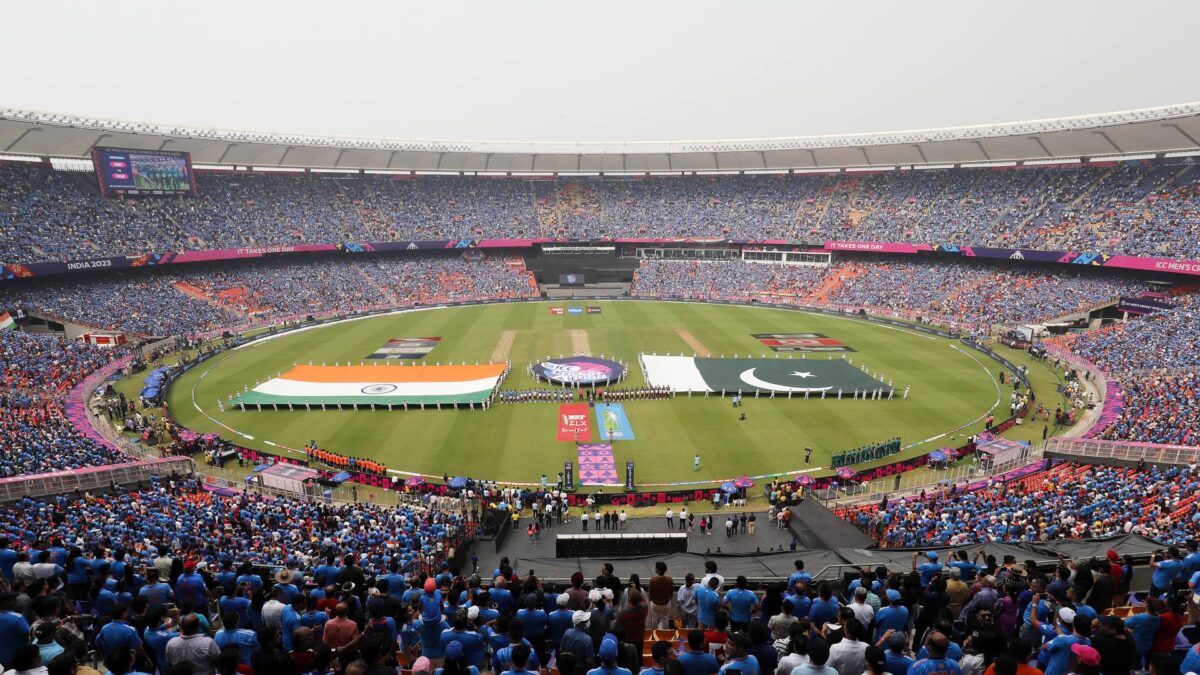AHMEDABAD, INDIA - OCTOBER 14: General view inside the stadium prior to the ICC Men's Cricket World Cup India 2023 between India and Pakistan at Narendra Modi Stadium on October 14, 2023 in Ahmedabad, India. (Photo by Surjeet Yadav-ICC/ICC via Getty Images)